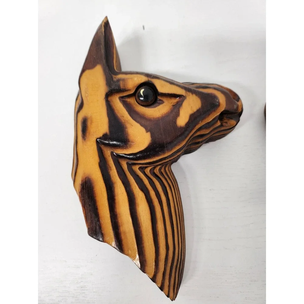 Vintage Wood Horse Head Figurine Wall Plaque Hand Carved Set of 2 Lacquered